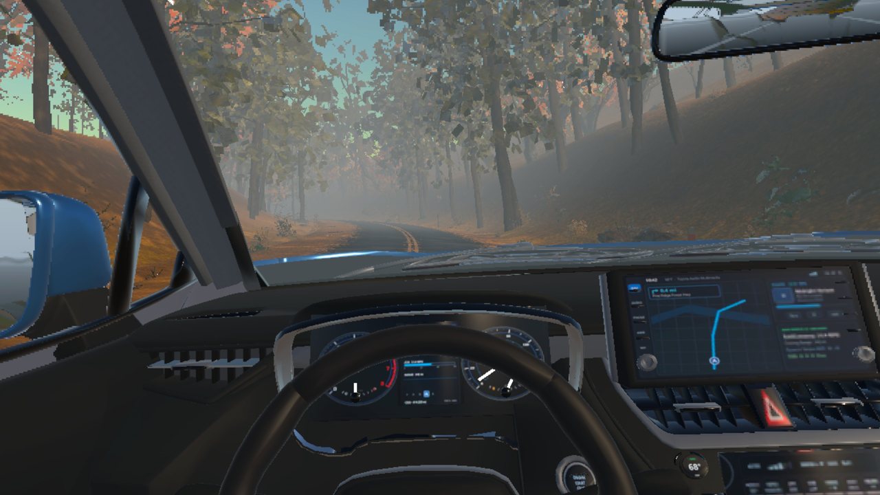SUV cockpit view captured on Meta Quest 3 showing live dashboard gauges, GPS display, and mirrors in Autumn Forest