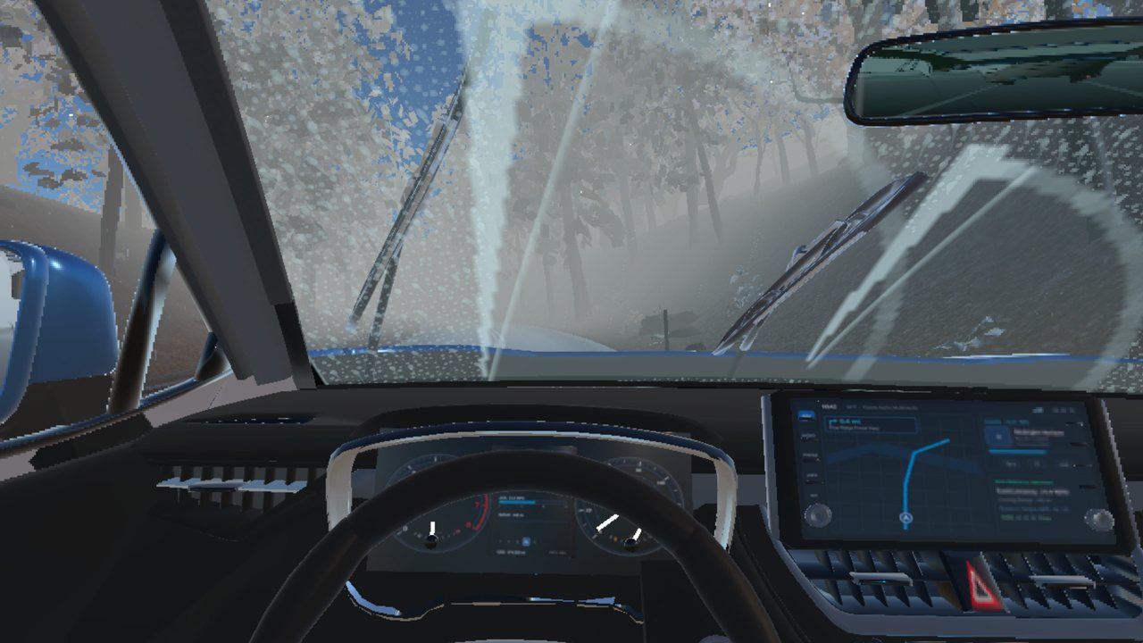 Articulated dual windshield wipers clearing 3D rain droplets during Misty Rain on Meta Quest 3