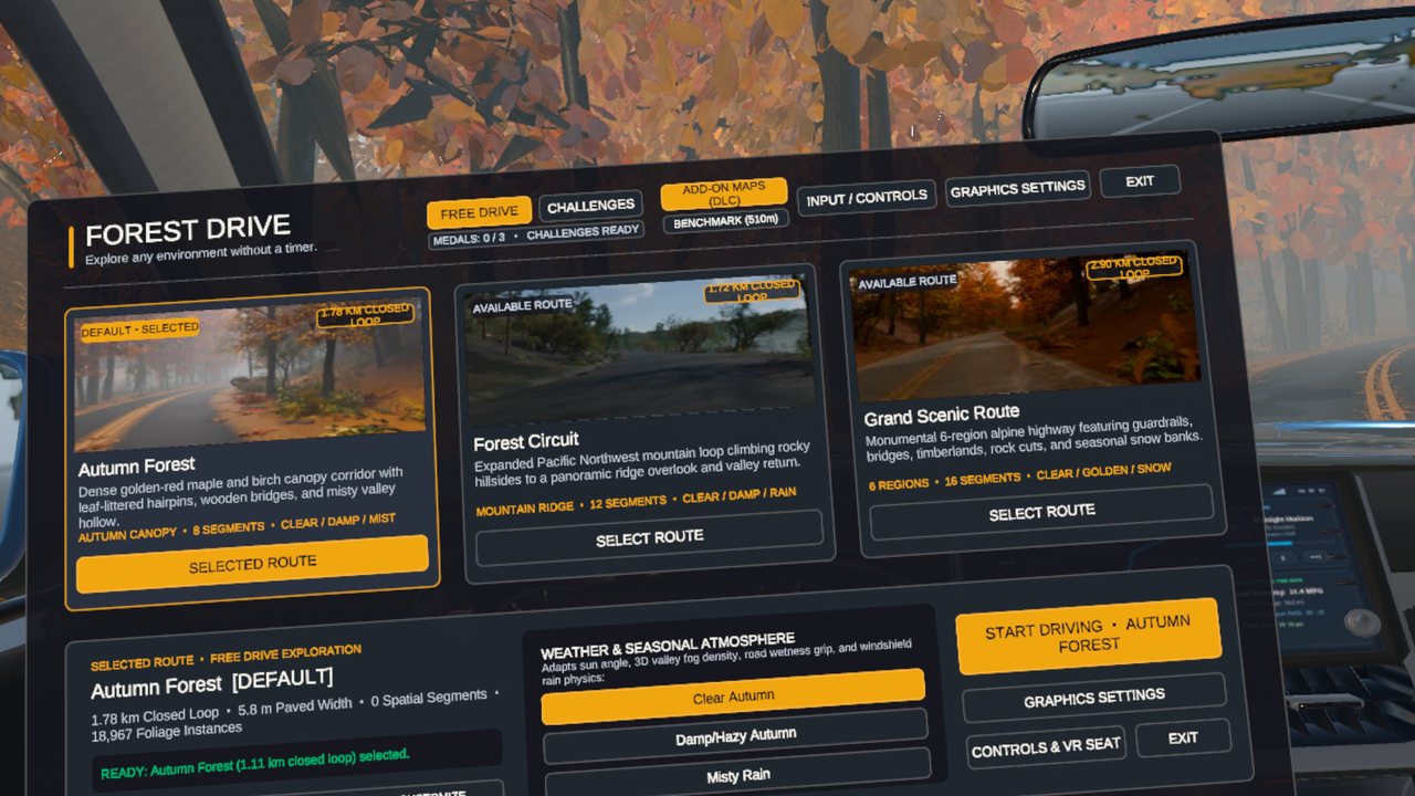 Free Drive mode selection inside the VR cockpit on Meta Quest 3