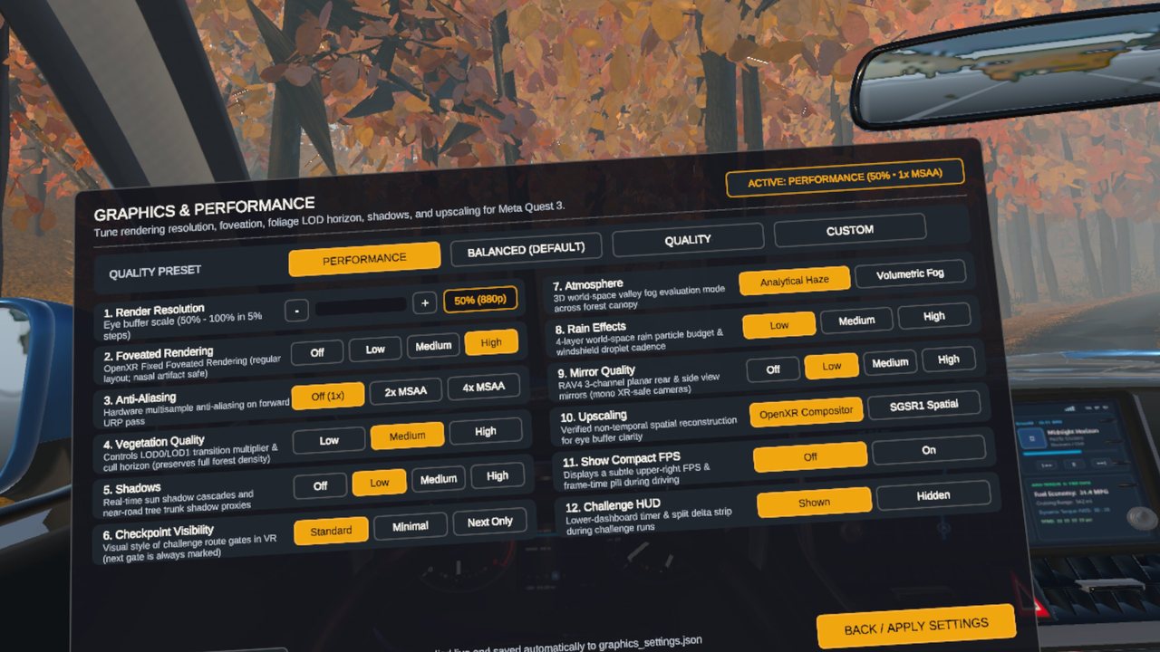 Graphics and Performance modal on Meta Quest 3 showing quality presets and 12 live rendering controls