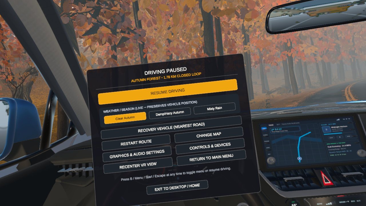 In-game Pause Menu on Meta Quest 3 showing Live Weather Switching, Recover Vehicle, and Recenter VR View