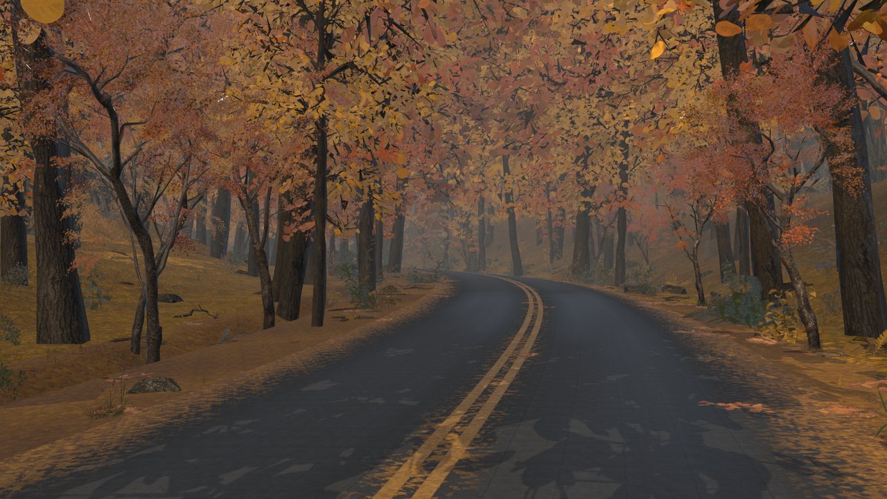 Autumn Forest environment in Forest Drive showing golden foliage arching over a winding two-lane road