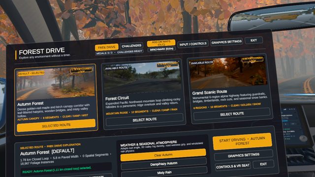 In-Cockpit Route, Mode and Weather Selection UI on Meta Quest 3