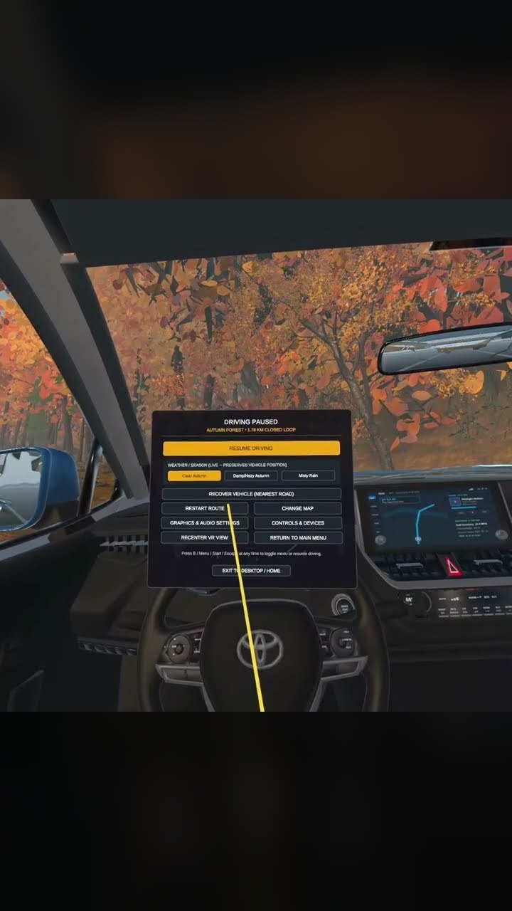 Forest Drive official Meta Quest gameplay demo thumbnail showing the SUV cockpit and autumn forest road